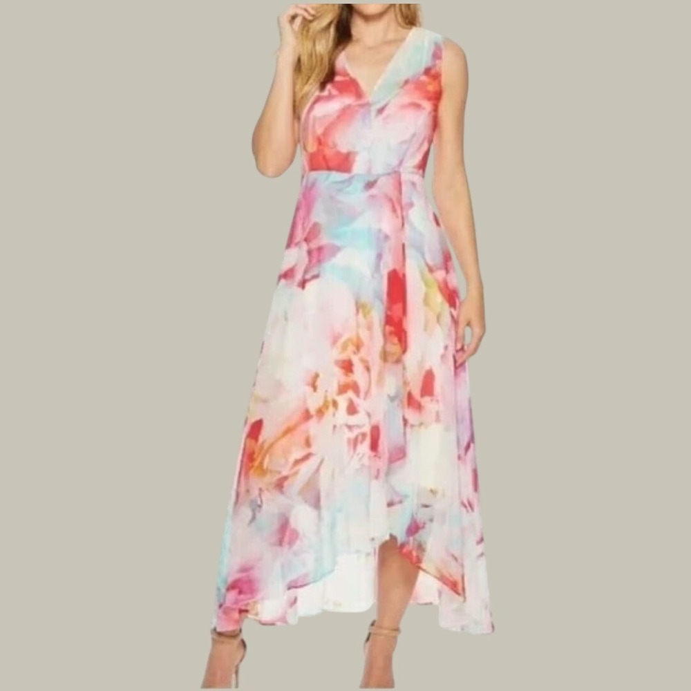 Calvin Klein Abstract Floral High Low Maxi Dress Women 8 Pink White Evening Chic